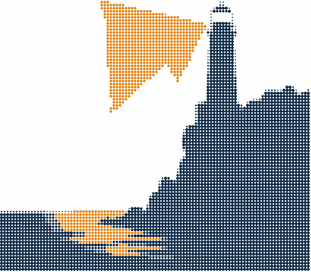 Halftone illustration of a lighthouse on a rocky headland, its orange beam sweeping out over the sea
