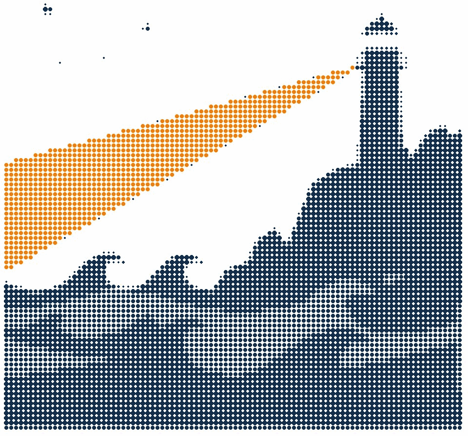 Halftone illustration of a lighthouse on a headland at night, its beam sweeping out to sea in orange