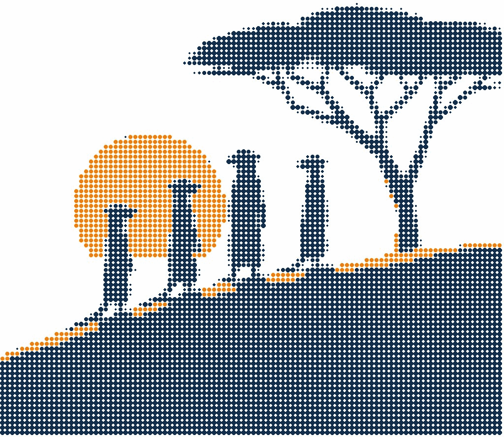 Halftone illustration of meerkats keeping watch on a mound under an orange sun