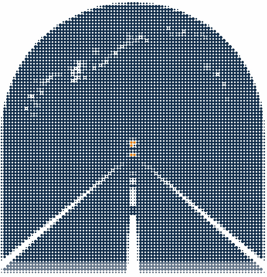 Halftone illustration of the Milky Way arching over a straight desert road at night, one star on the horizon in orange