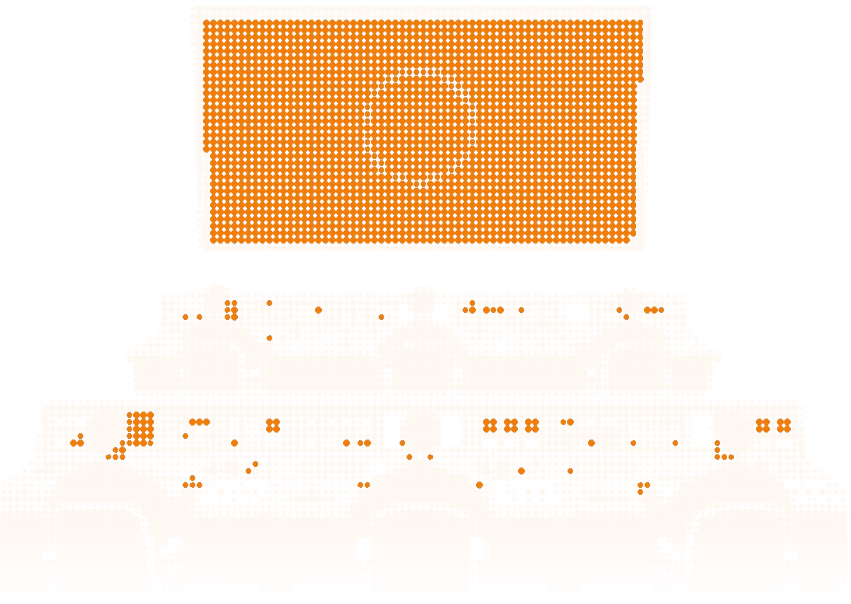 Halftone illustration of a mission control room, rows of seated operators facing one large orange wall screen