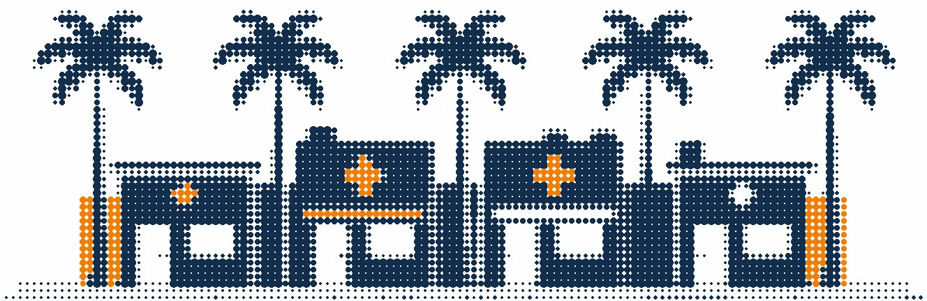 Halftone illustration of a row of small clinics with cross signs between palm trees, the crosses in orange