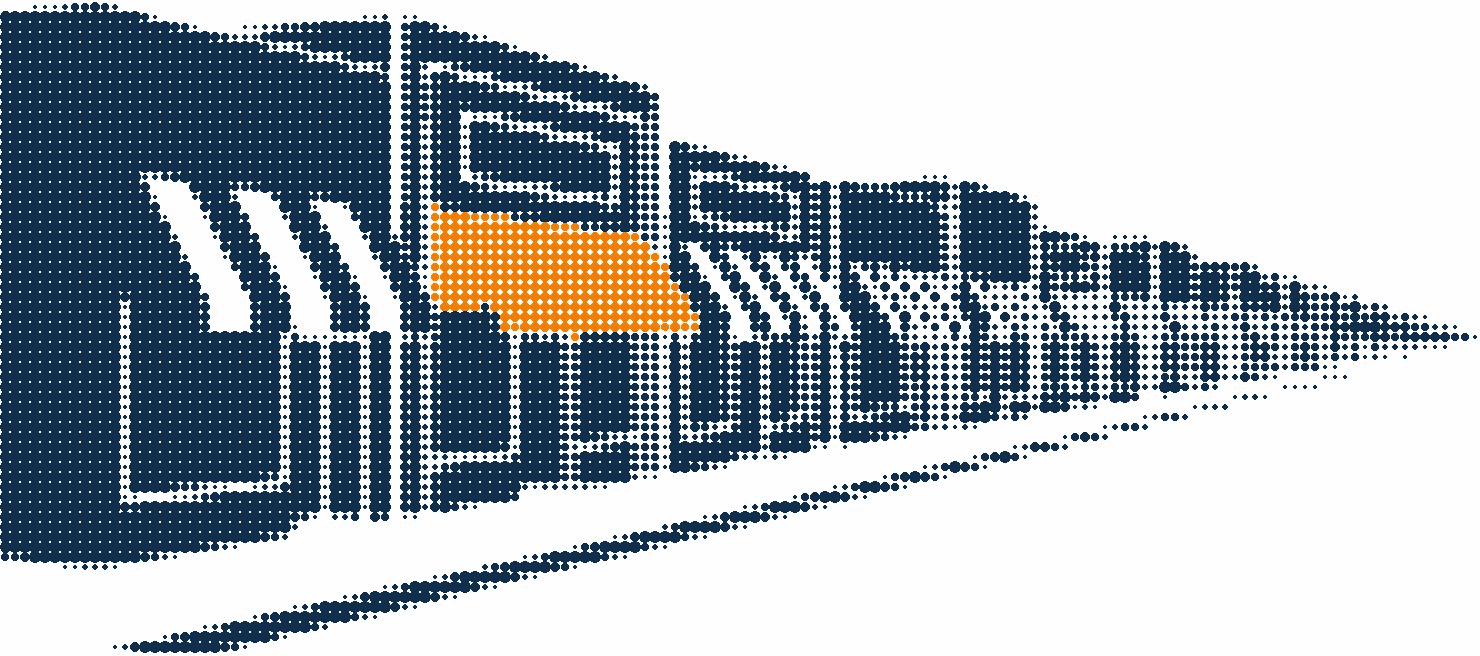 Halftone illustration of matching franchise shopfronts receding along a street, one awning in orange