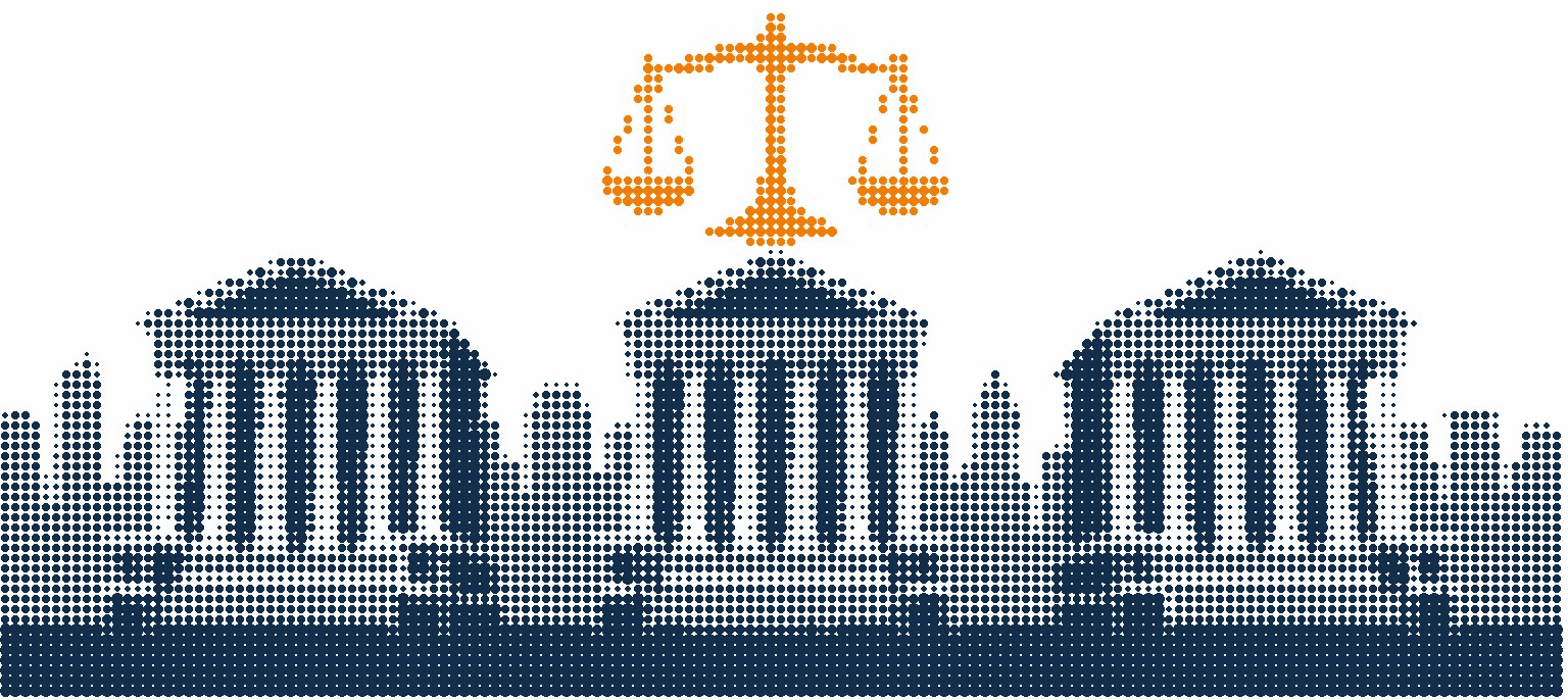 Halftone illustration of three columned law-office buildings across a city skyline, with orange balance scales above the centre one