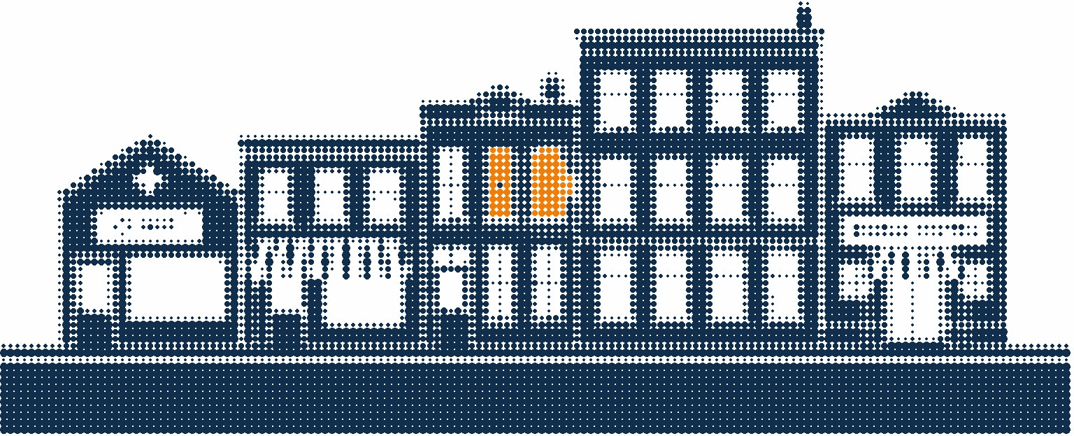 Halftone illustration of one street of different businesses side by side, a clinic, shops, an office and a hotel, one window in orange