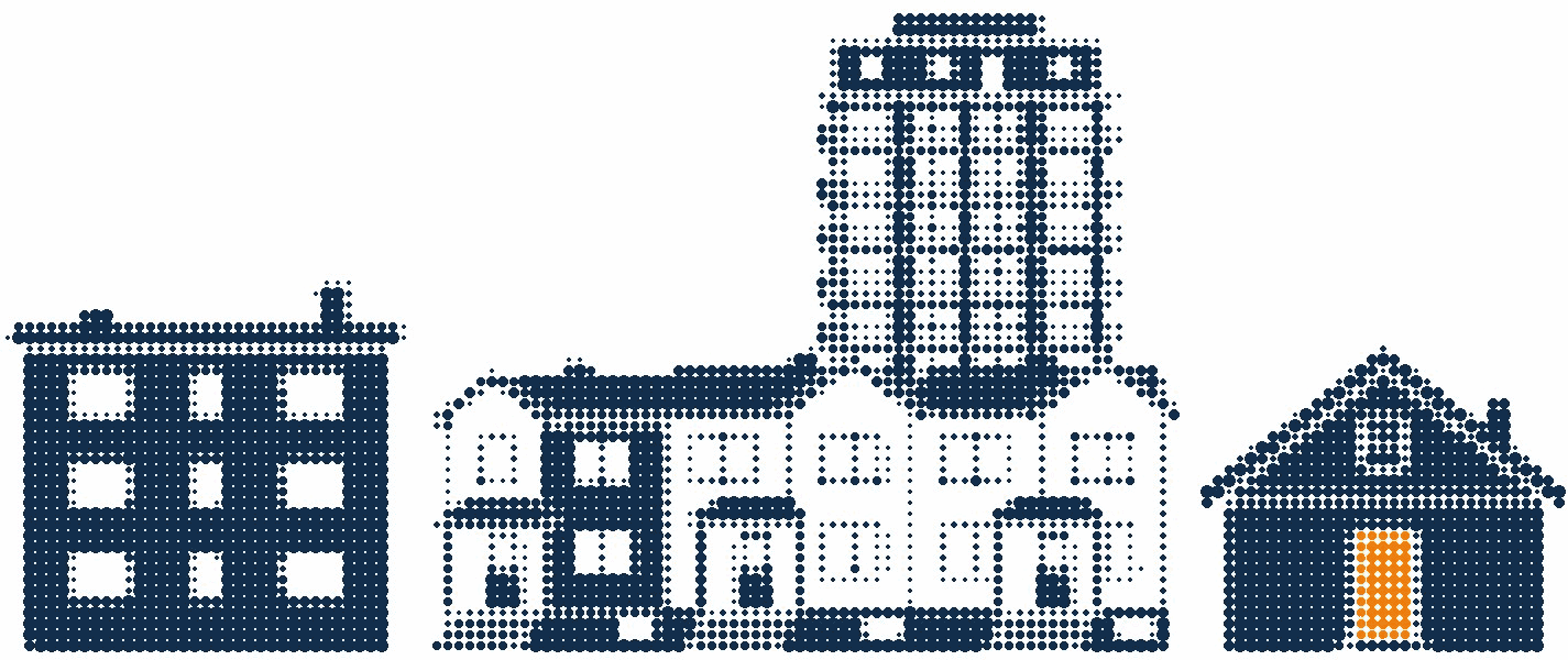 Halftone illustration of an apartment block, a row of townhouses, a condominium tower and a house, one front door in orange