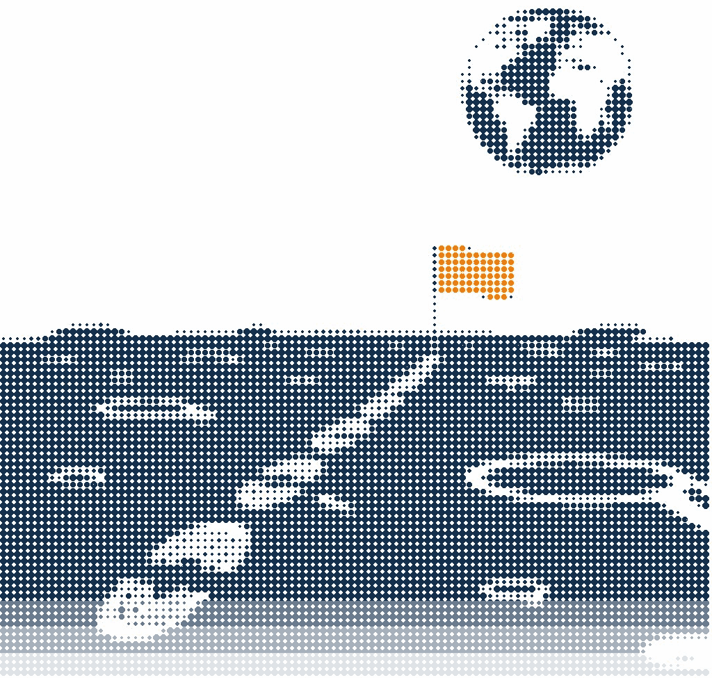 Halftone illustration of a trail of boot prints across the lunar surface to a small orange flag, with Earth in the sky