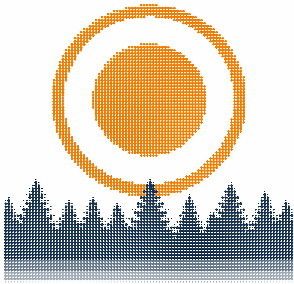 Halftone illustration of a full moon ringed by a wide halo above a treeline, the moon in orange