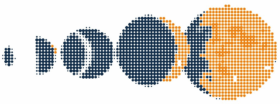 Halftone illustration of the phases of the moon in a row, the full moon in orange