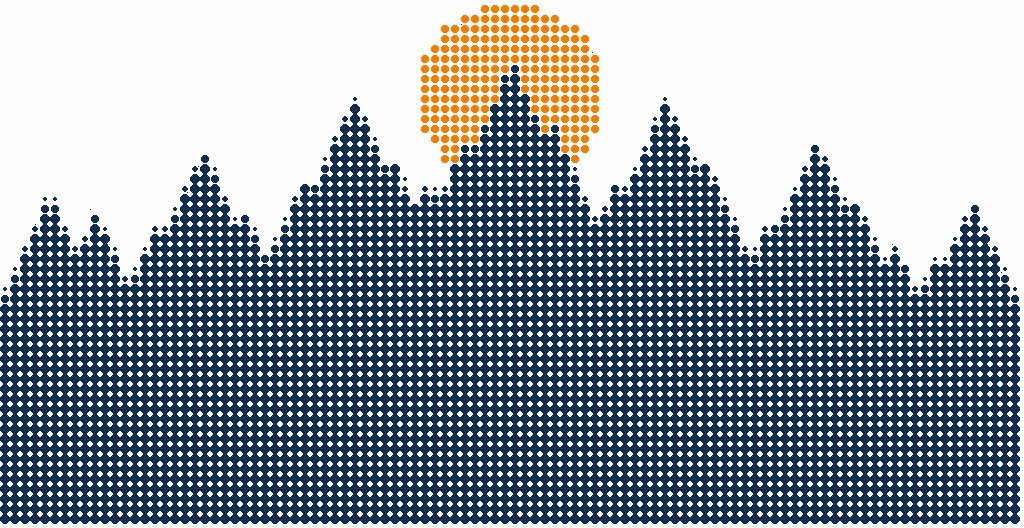 Halftone illustration of a jagged mountain range with many peaks, the sun rising between two of them in orange