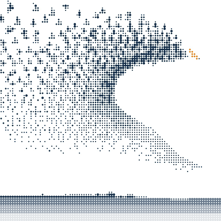 Halftone illustration of a starling murmuration forming one flowing shape at dusk, one bird at the edge in orange