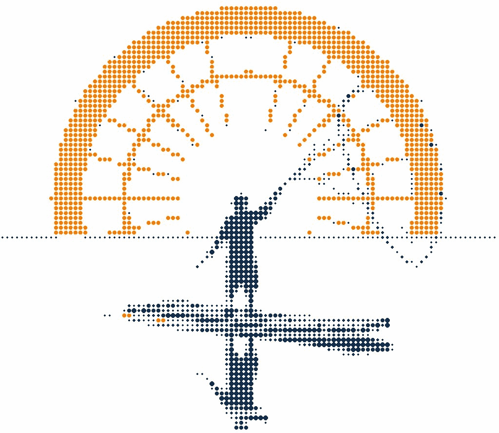 Halftone illustration of a fisher on a bamboo raft casting a wide round net at dawn, the net in orange