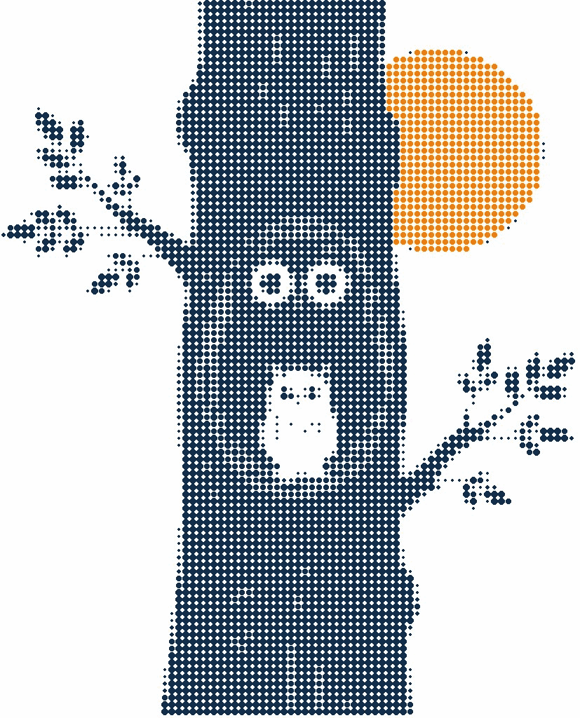 Halftone illustration of an owl sheltering an owlet in a tree hollow under an orange moon