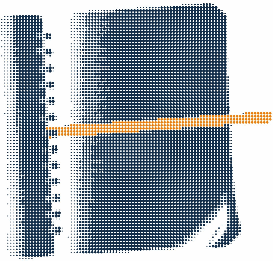 Halftone illustration of an open notebook with one orange line across the page