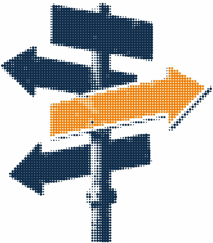 Halftone illustration of a signpost, one arrow in orange