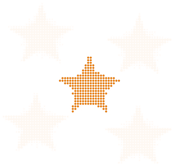 Halftone illustration of a loose cluster of bright stars, one star in orange