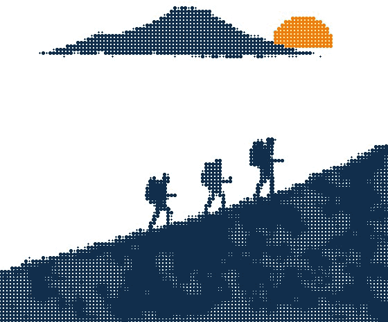 Halftone illustration of three hikers climbing a mountain ridge towards an orange sunrise