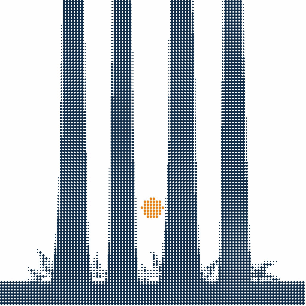 Halftone illustration of four tall redwood trunks with open sky between them and a small orange sun low between two of them