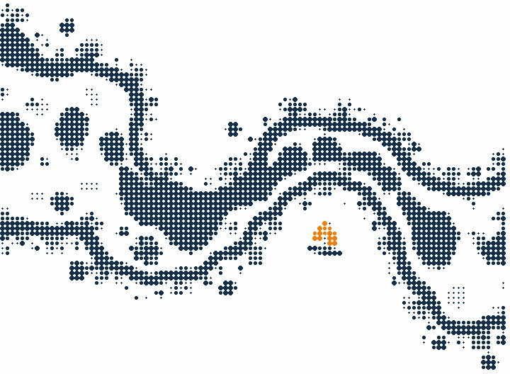 Halftone illustration of a winding reef edge seen from above, one small sailboat with an orange sail