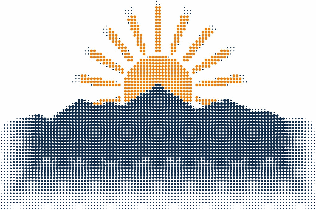 Halftone illustration of the sun breaking over a layered mountain ridge, the sun in orange