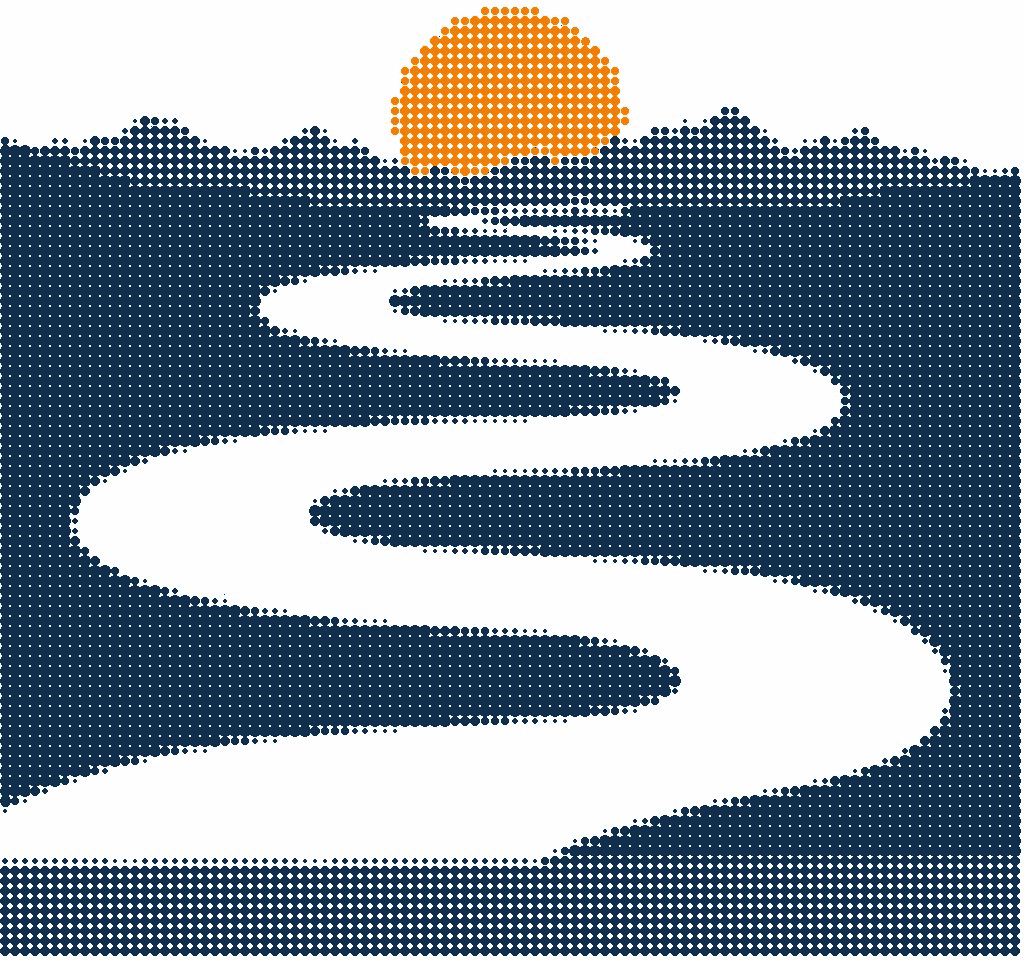 Halftone illustration of a river winding in four bends from the mountains to the sea under an orange setting sun