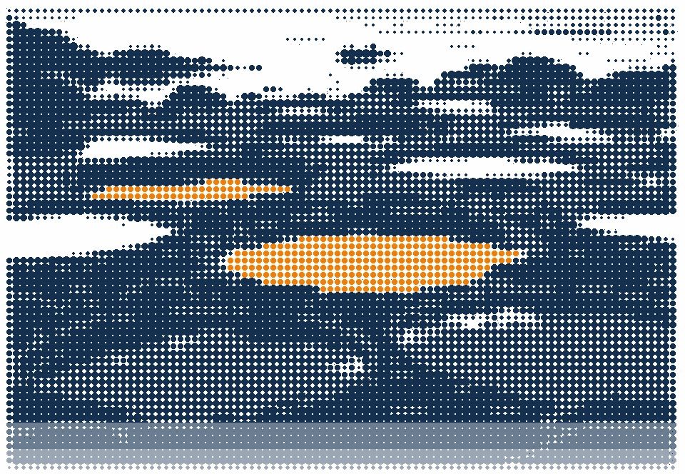 Halftone illustration of a rocky shelf of tide pools with the open sea beyond, one pool in orange