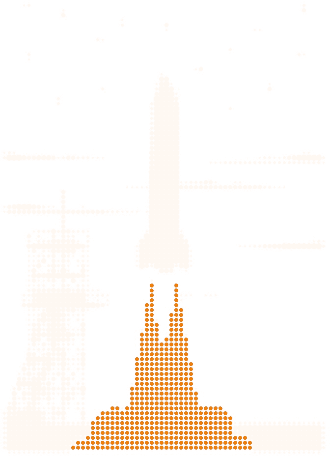 Halftone illustration of a rocket lifting off past its gantry toward the stars, its exhaust flame in orange