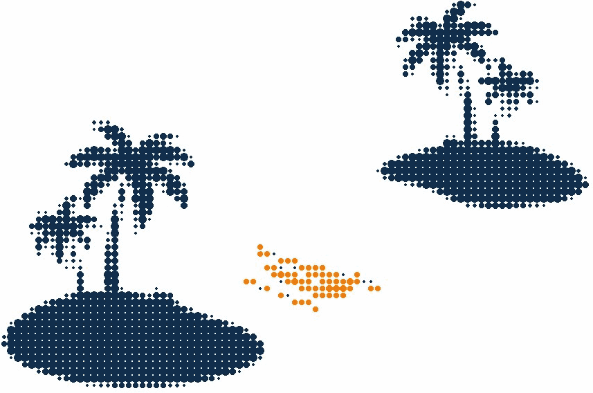 Halftone illustration of two small palm islands with a small orange boat crossing the water between them