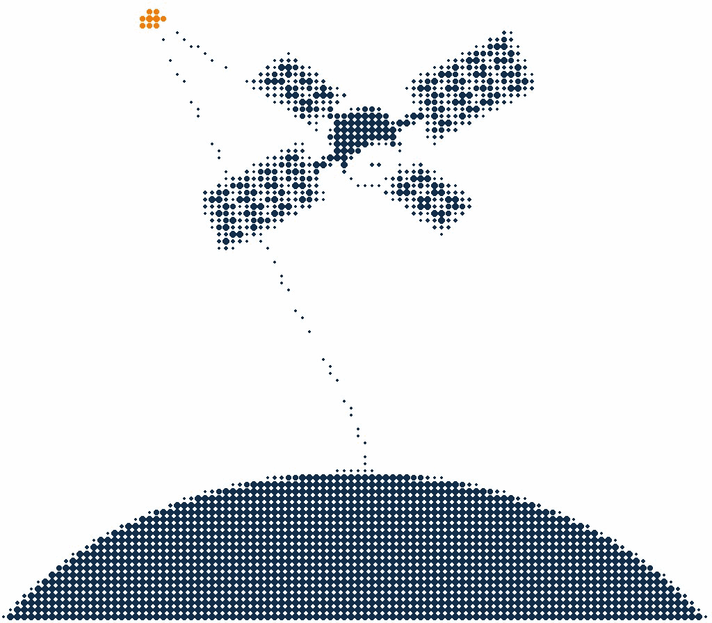 Halftone illustration of a relay satellite passing a dotted signal from a distant orange star down to the curve of a planet