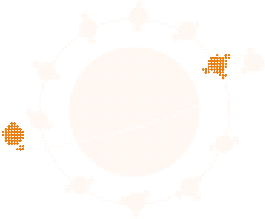 Halftone illustration of a ring of small satellites on one orbit around a planet, one satellite in orange