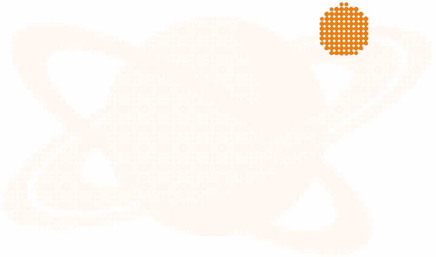 Halftone illustration of the planet Saturn and its rings, one small moon in orange