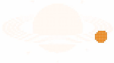 Halftone illustration of Saturn with its rings seen almost edge-on and one small orange moon