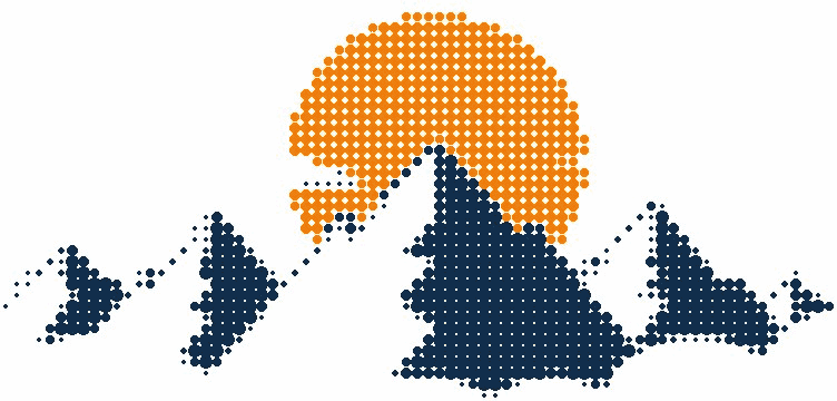 Halftone illustration of mountain peaks rising above the clouds at dawn, the sun in orange behind them