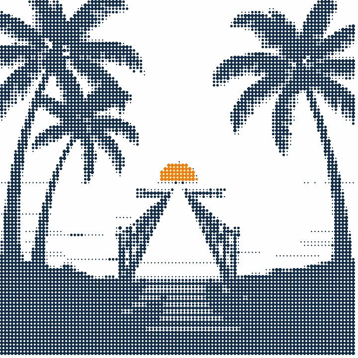 Halftone illustration of a long wooden boardwalk over a lagoon towards an orange sun rising on the horizon, palms on the shore