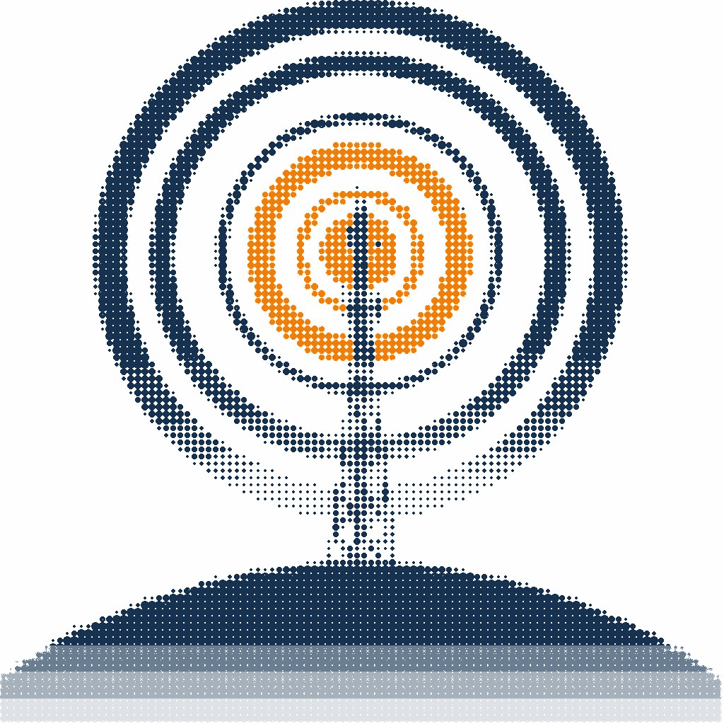 Halftone illustration of a radio mast on a hilltop sending out concentric signal rings, the top ring in orange