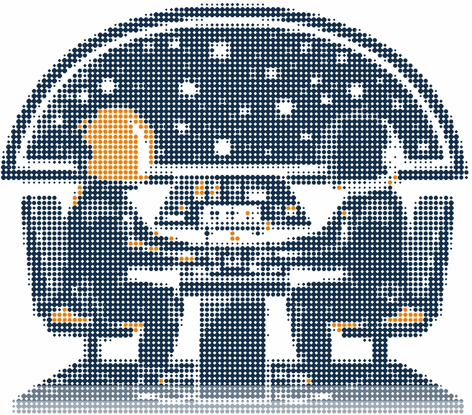 Halftone illustration of two astronauts at the controls of a training simulator under a dome of stars, one visor in orange
