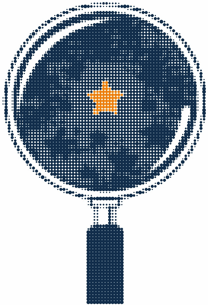 Halftone illustration of a magnifying glass held against a patch of night sky, one star in the lens in orange