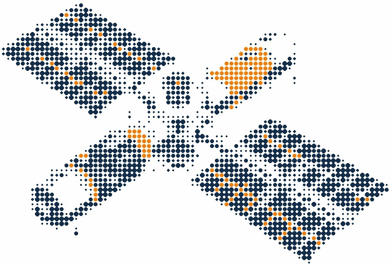 Halftone illustration of a modular space station, modules and solar wings docked to one central core, one module in orange
