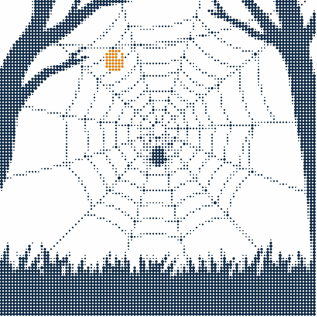 Halftone illustration of a spider web strung between two branches with one dew drop in orange
