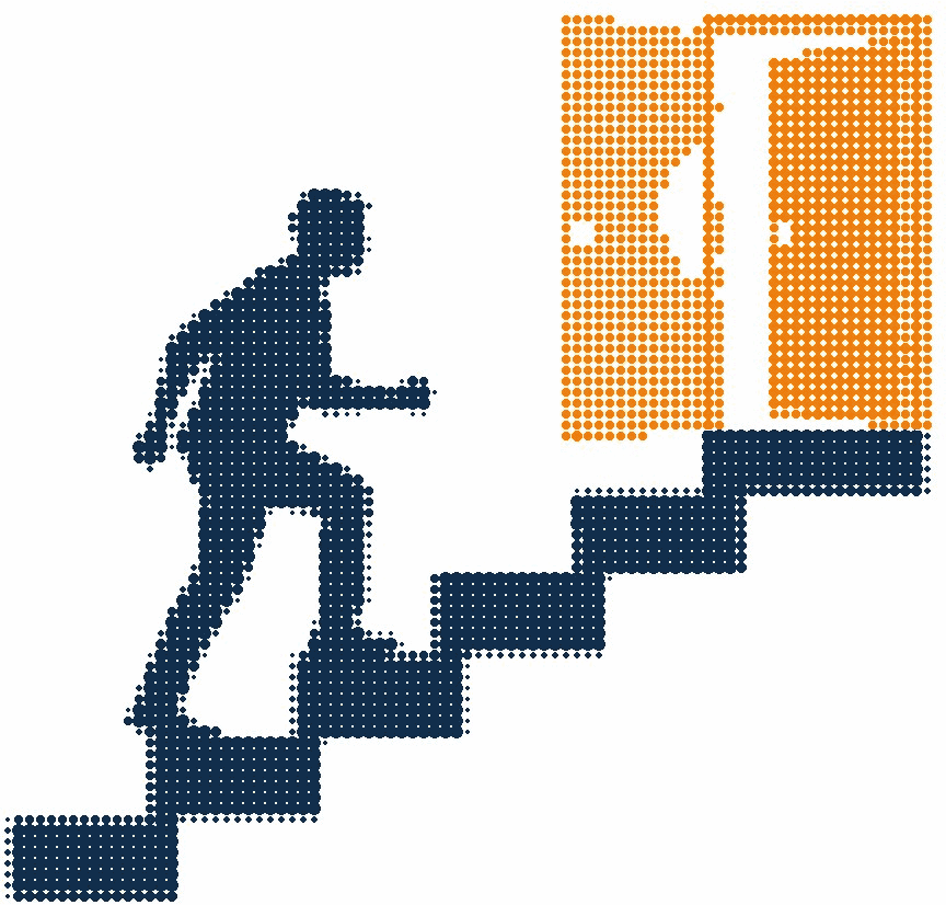 Halftone illustration of a person climbing five steps toward an open door
