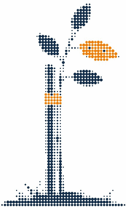 Halftone illustration of a young sapling tied to a wooden support stake, one leaf and the tie in orange