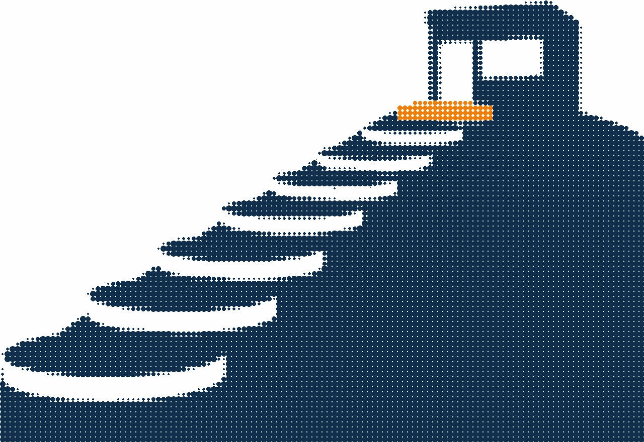 Halftone illustration of stepping stones rising up a hill toward a storefront