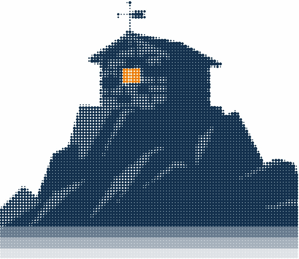 Halftone illustration of a stone hut on a rocky summit with a weather vane and one lit window in orange
