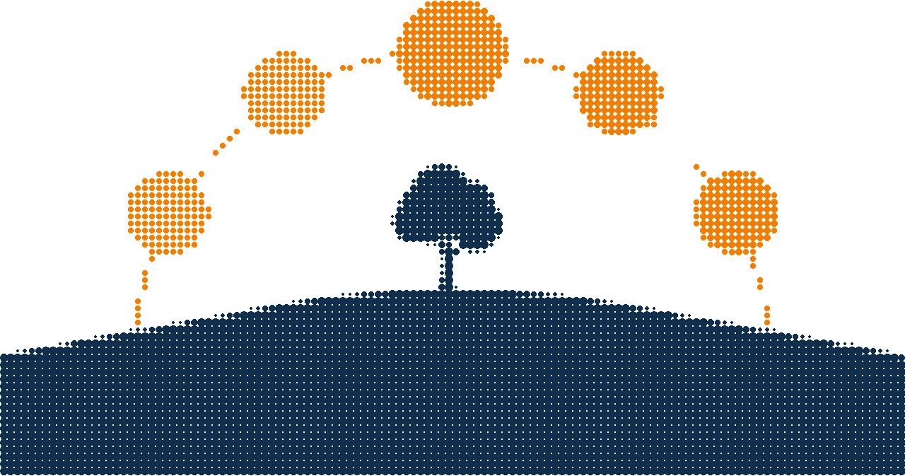 Halftone illustration of the sun’s arc over a hill drawn as five suns, the noon sun in orange above a single tree