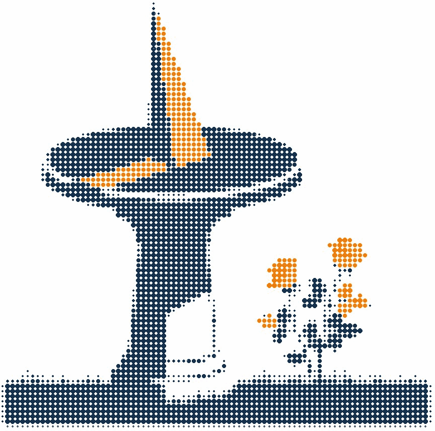 Halftone illustration of a garden sundial at midday, its orange shadow crisp across the dial, roses beside it