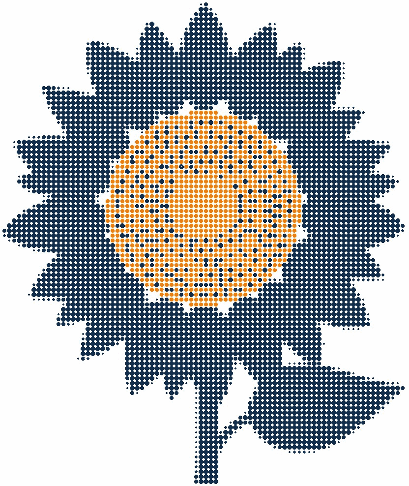 Halftone illustration of a sunflower head full of seeds, the seed disc in orange