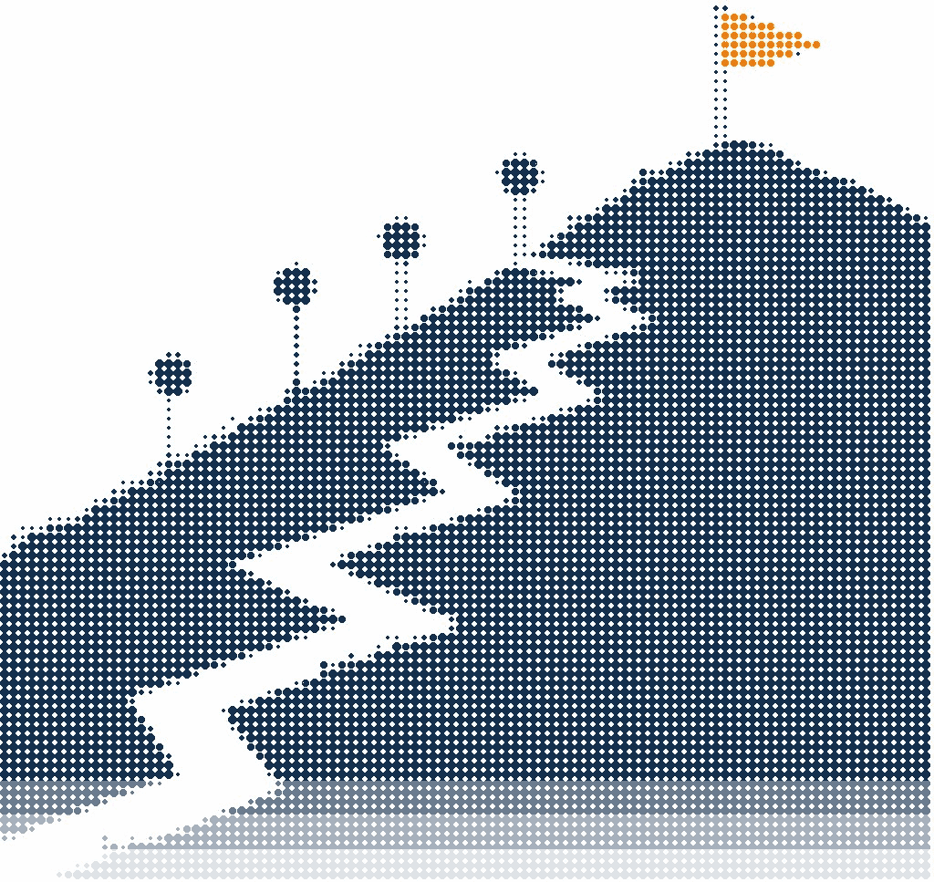 Halftone illustration of a trail switchbacking up a slope past four marker posts to an orange flag at the top