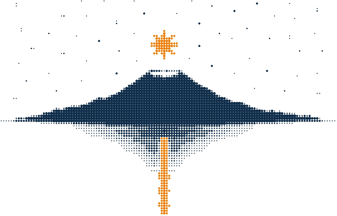 Halftone illustration of Taal volcano in its crater lake under a field of stars, one orange star reflected as a column of light on the water