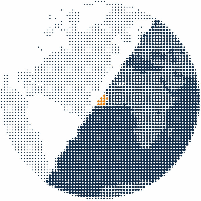 Halftone illustration of Earth from orbit with the line between day and night crossing the ocean, one city light in orange