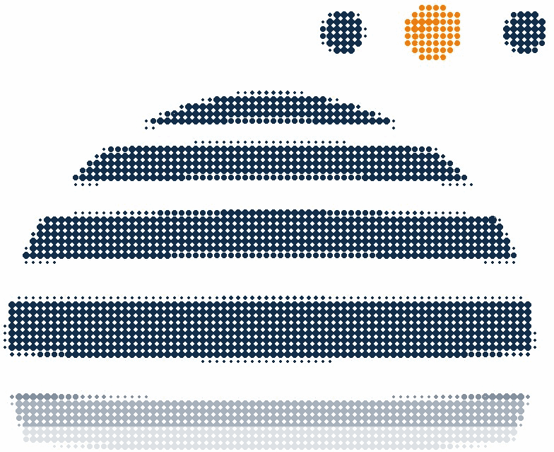 Halftone illustration of a banded planet with three small moons in a row, the middle moon in orange